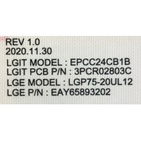 FUENTE DE PODER PARA TV LG NANOCELL / NUMERO DE PARTE EAY65893202 / LGP75-20UL12 / 65893202 / EPCC24CB1B / 3PCR02803C / PANEL NC750EQH-ABKH1 / DISPLAY HV750QUB-E7D / MODELO 75NANO85APA / 75NAN085APA  75NANO85APA.BUSFLKR